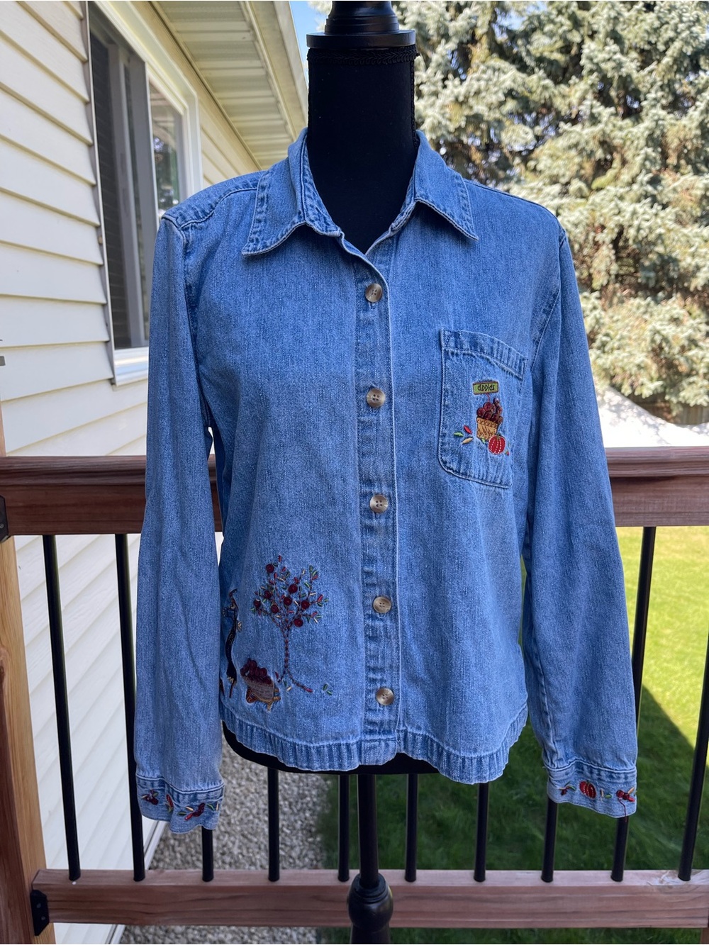 Christopher Banks Womens Sz Med Blue Denim Scarecrow Apples Theme Shirt Granny